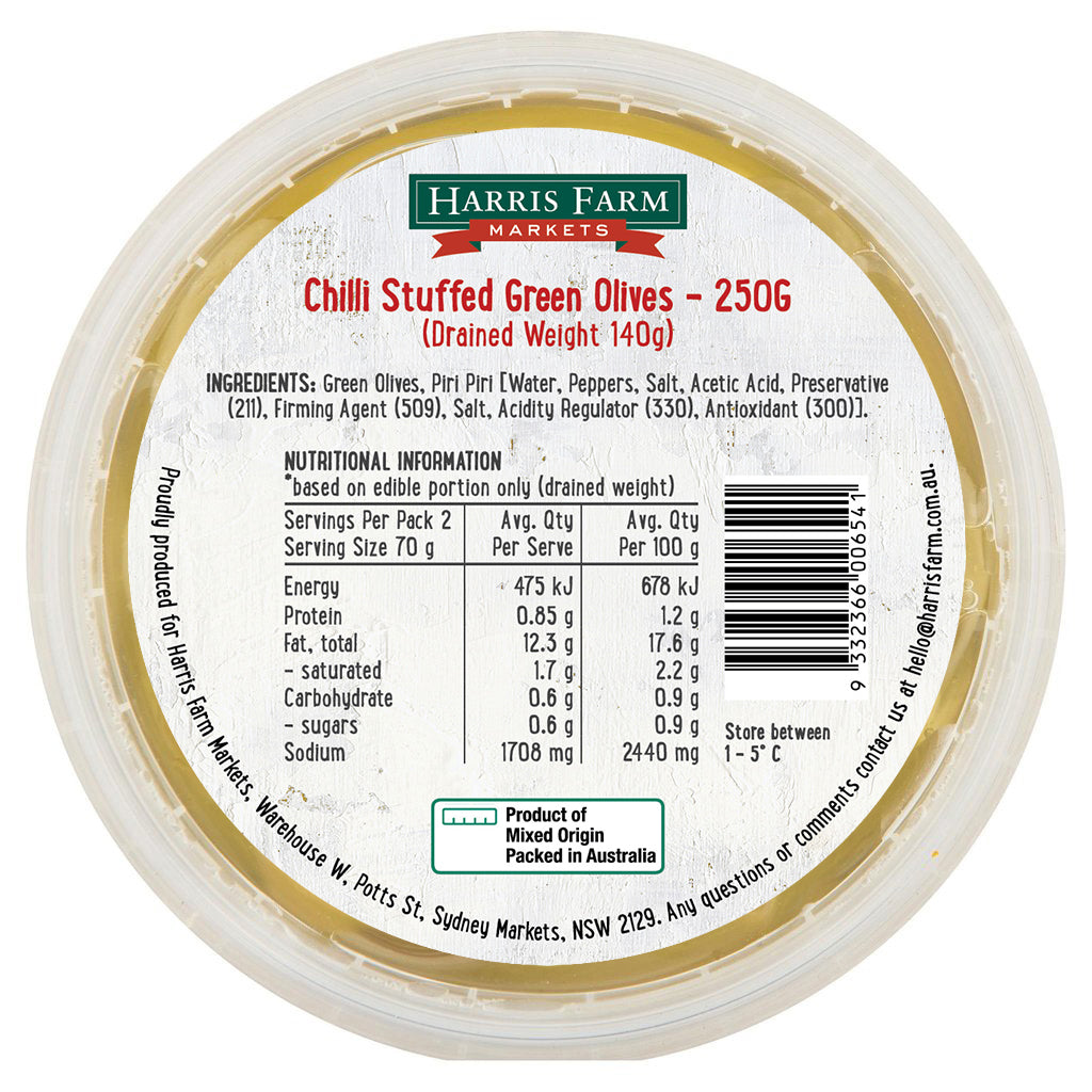 Harris Farm Olives Chilli Stuffed Green 250g