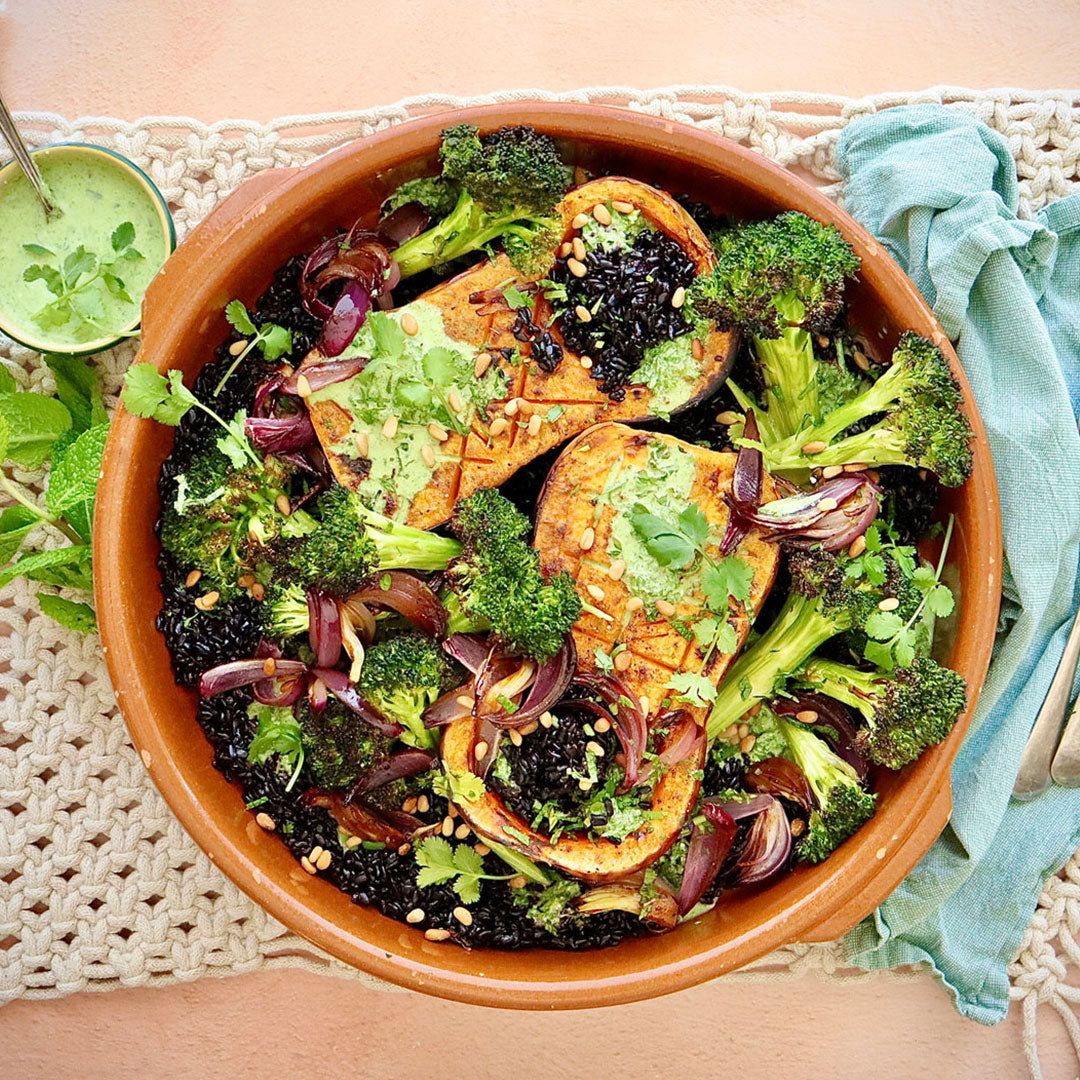 Organic Roasted Vegetables - with Black Rice and Goats Feta Herbed Yoghurt | Harris Farm Online