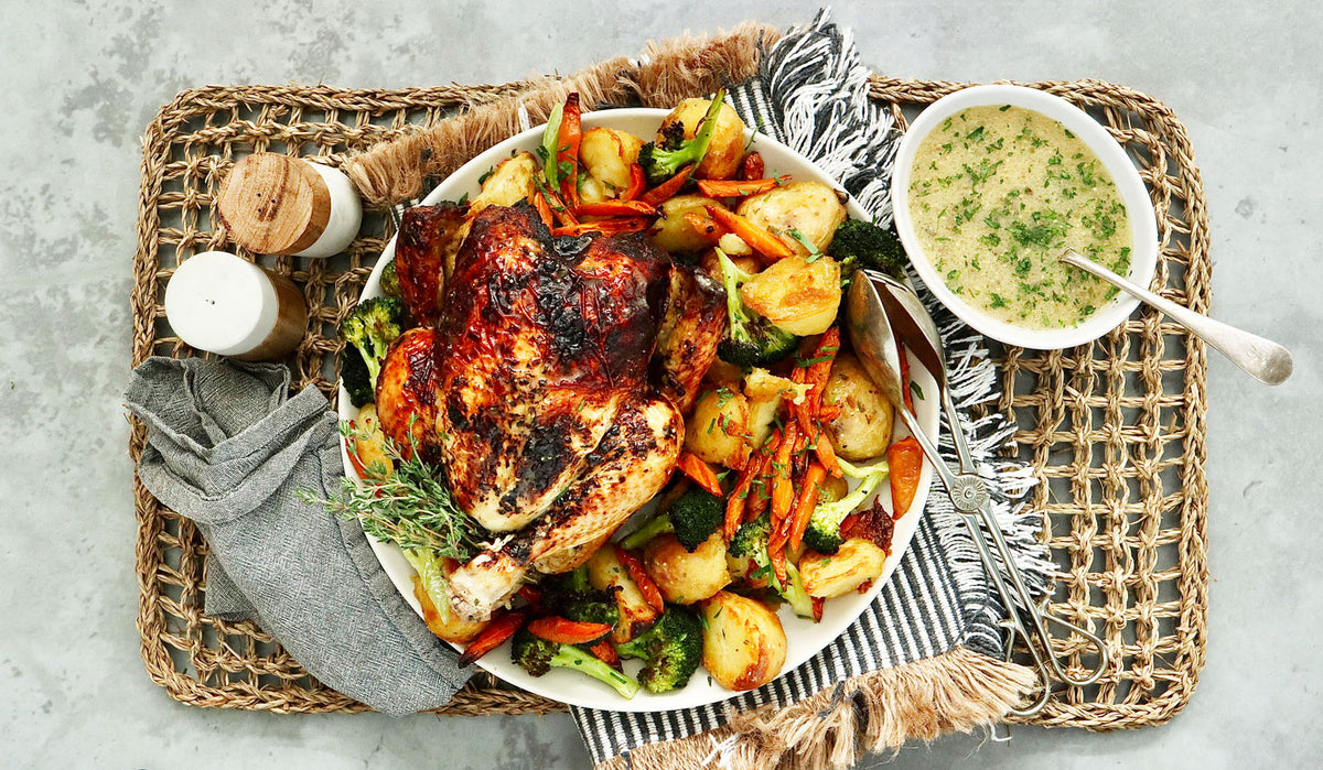 Roasted Chicken with Crispy Potatoes, Carrots, Broccoli and Verjuice Gravy | Harris Farm Online