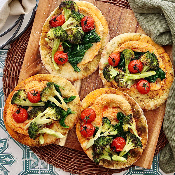 Zaatar Toasted Pita - with Paprika Hummus Roasted Broccoli and Roasted Tomatoes | Harris Farm Online