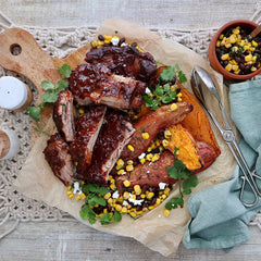 BBQ Pork Ribs - with Roasted Sweet Potatoes & Corn Salad  |  Harris Farm Online