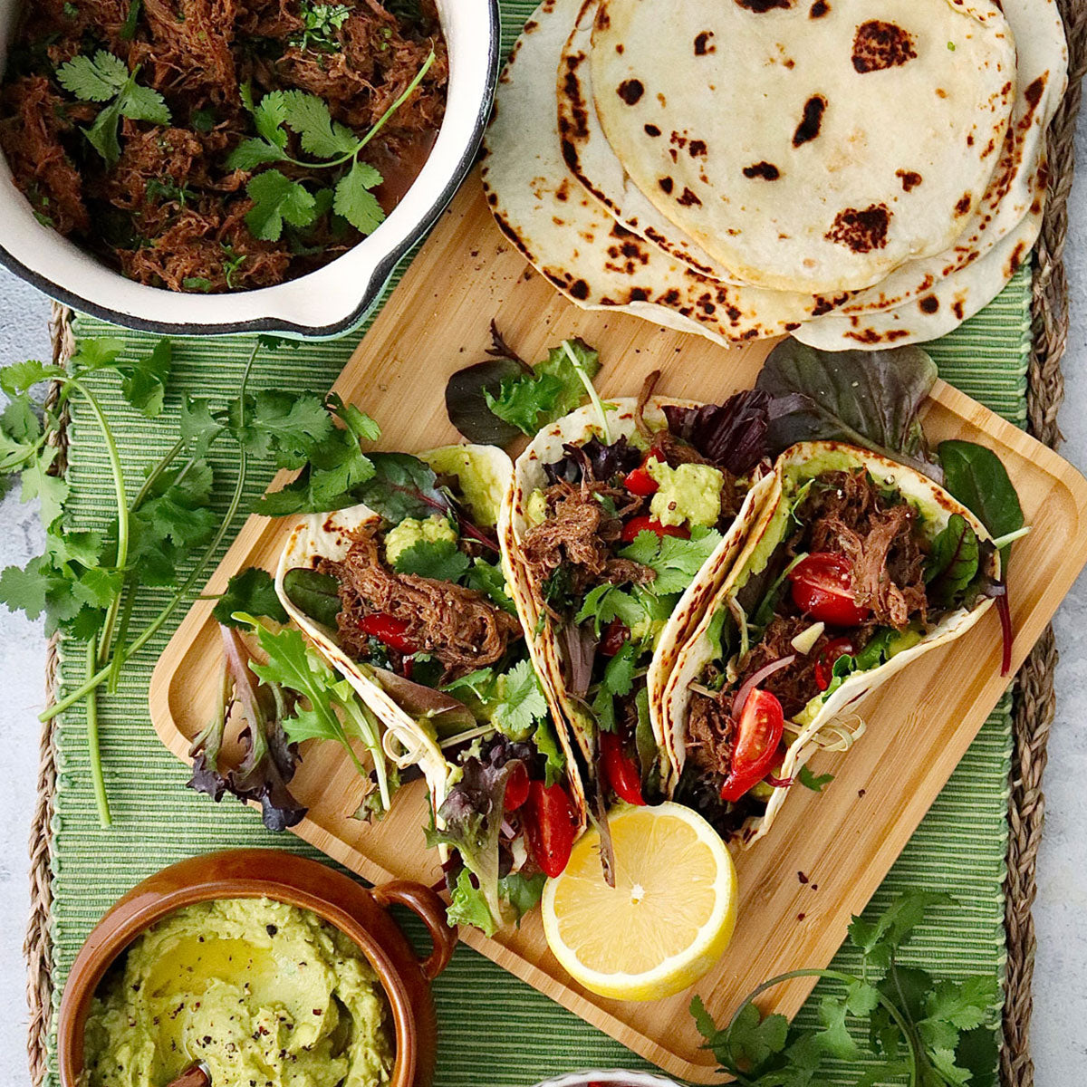 Spiced Pulled Beef Brisket Tacos - with Guacamole and Tomato Salsa | Harris Farm Online