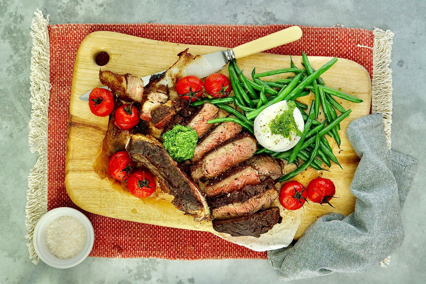 Rib Eye On The Bone - with Roasted Tomatoes Green Beans Burrata and Pesto | Harris Farm Online
