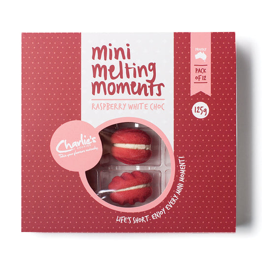 Charlies Rasp & White Choc Melting Moments 125g , Grocery-Biscuits - HFM, Harris Farm Markets
