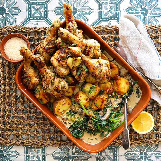 Garlic and Oregano Chicken Drumsticks - with Golden Potatoes and Creamy Spinach