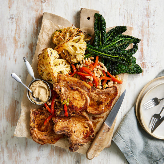 Lemon Honey Pork Chops - with Roasted Cauliflower and Bean Salad