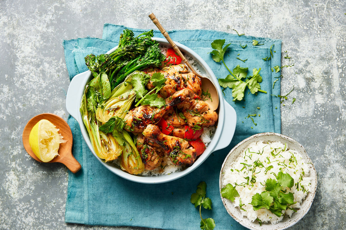 Sticky Soy and Ginger Chicken Drumsticks with Asian Greens | Harris Farm Online