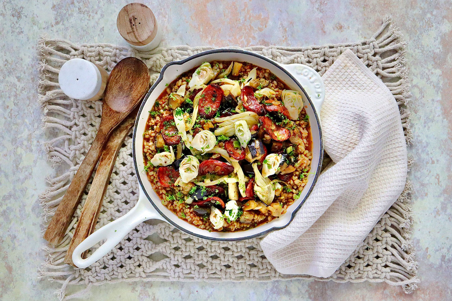 Tomato Farro Risotto - with Chorizo Eggplant Artichokes and Fennel | Harris Farm Online