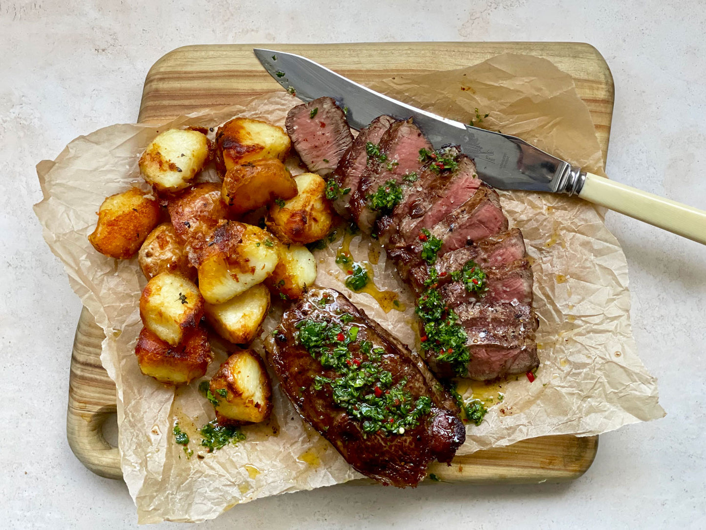 Sirloin Steaks - with Crispy Roasted Potatoes and Chimichurri