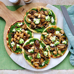Mushroom Flat Breads - with Goats Cheese Beans and Salsa Verde | Harris Farm Online
