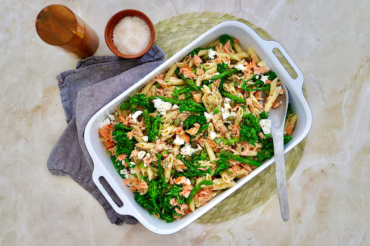 Penne and Hot Smoked Ocean Trout - with Seasonal Greens and Danish Feta | Harris Farm Online