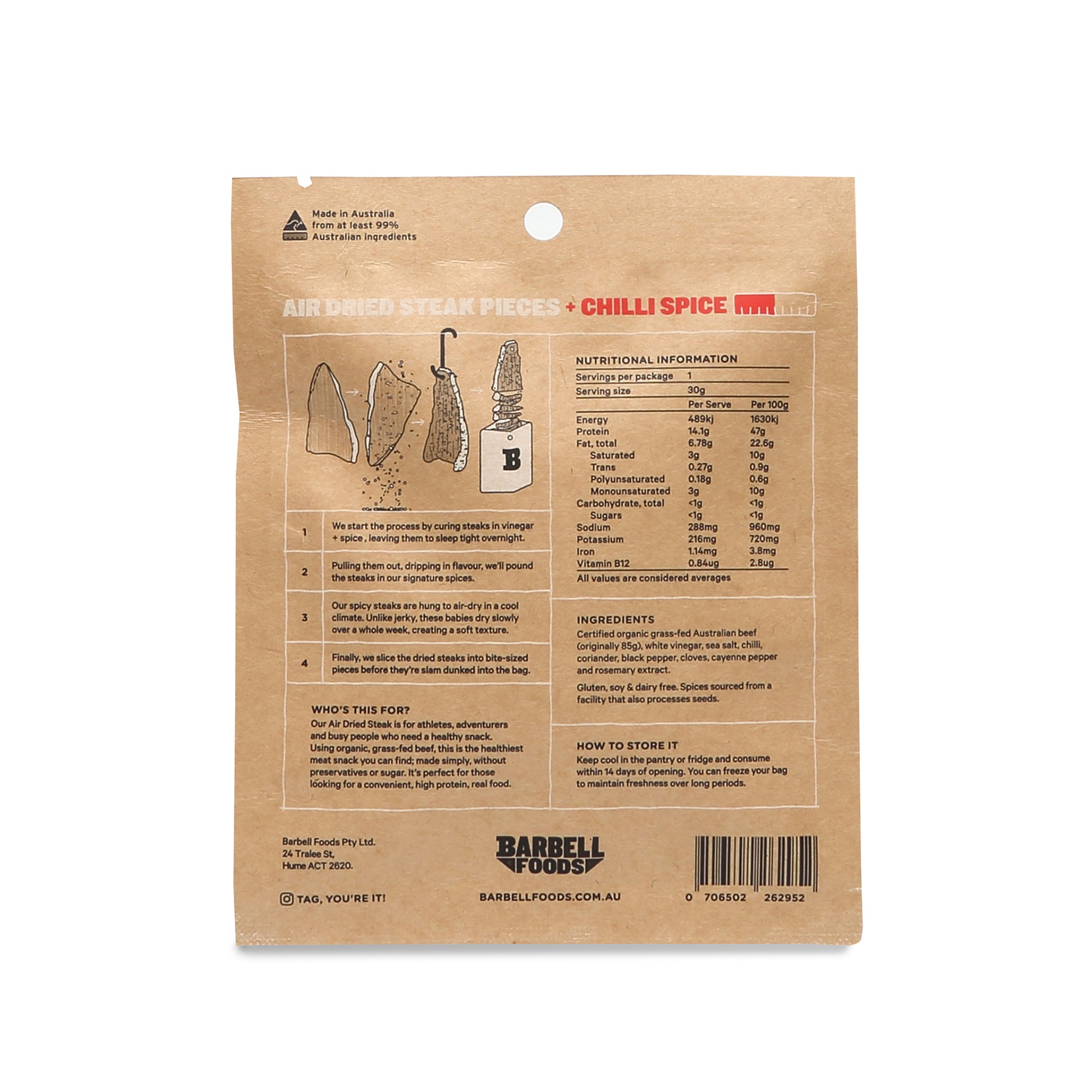 Barbell Burn Chilli Spice Air Dried Steak Organic Grass Fed Beef | Harris Farm Online