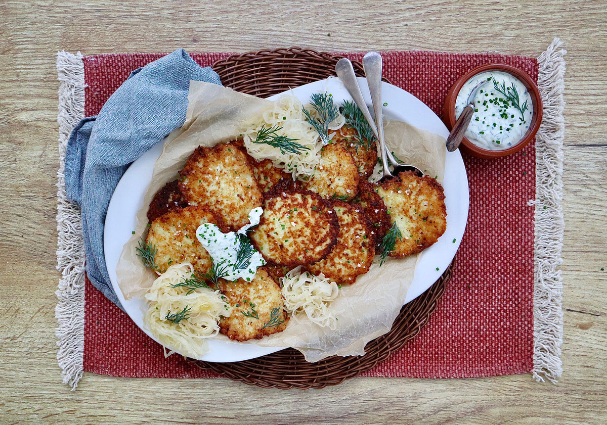 Ukrainian Potato Fritters - with Sauerkraut and Garlic Dill Sour Cream | Harris Farm Online