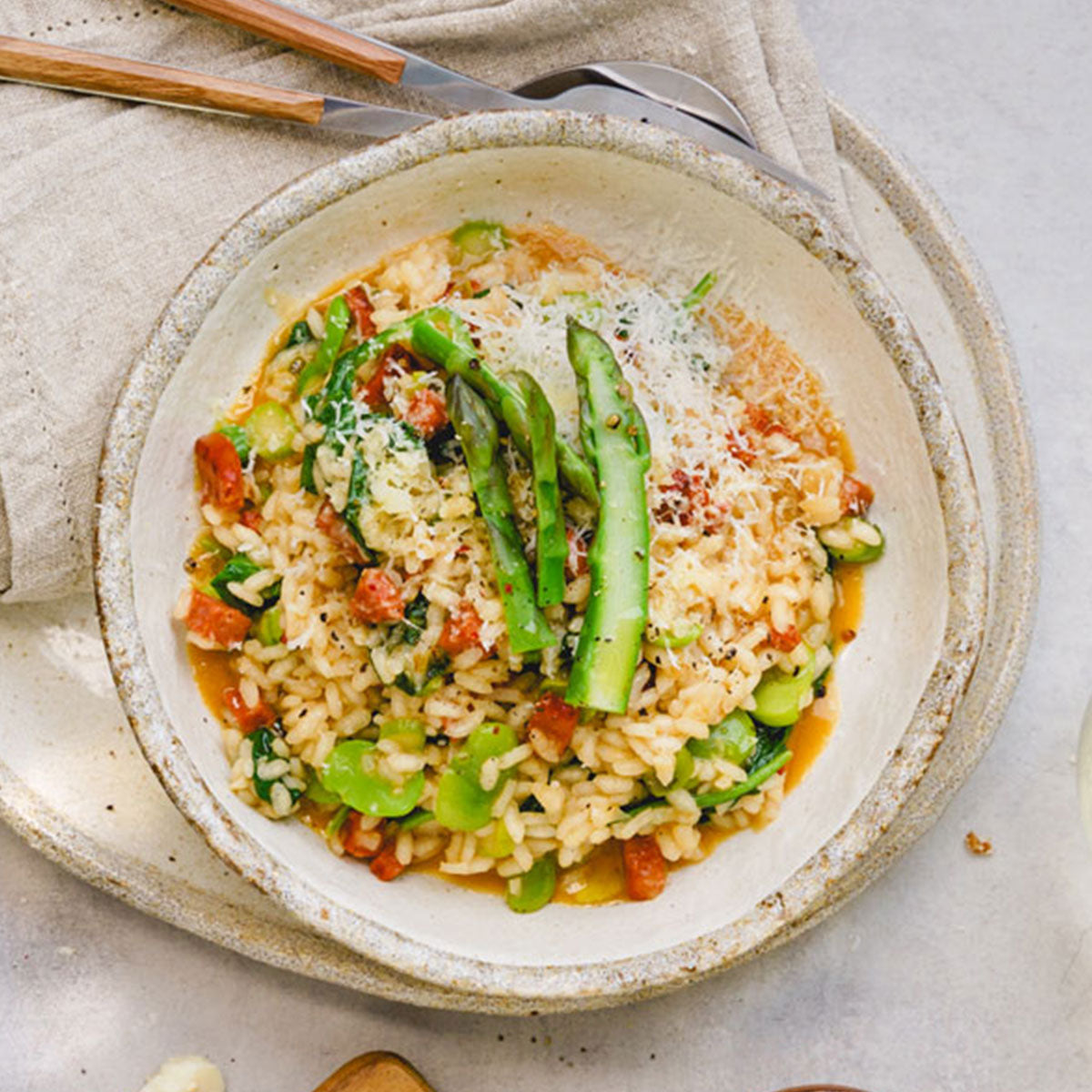 Asparagus, Broad Bean and Chorizo Risotto | Harris Farm Online