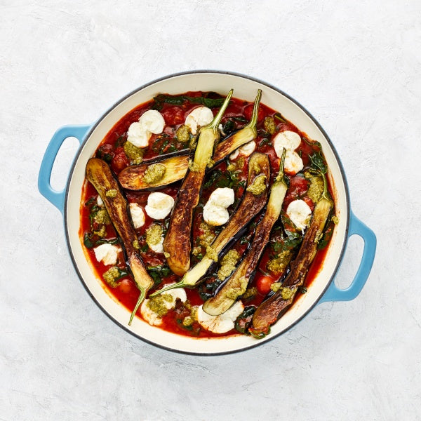 Quick Braised Eggplant with Bocconcini, Cherry Tomato Sauce and Basil Pesto