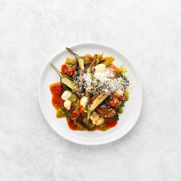 Quick Braised Eggplant with Bocconcini, Cherry Tomato Sauce and Basil Pesto