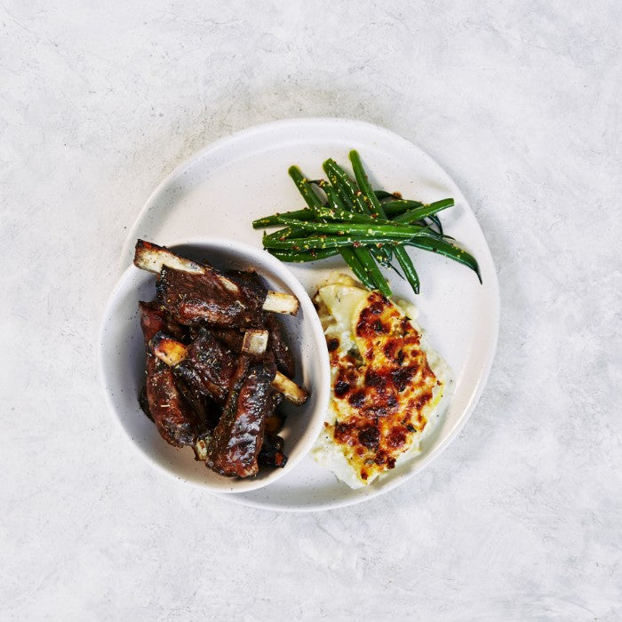 Molasses Glazed Lamb Riblets - with Potato Cauliflower Gratin & Green Beans