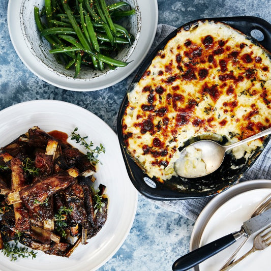 Molasses Glazed Lamb Riblets - with Potato Cauliflower Gratin & Green Beans
