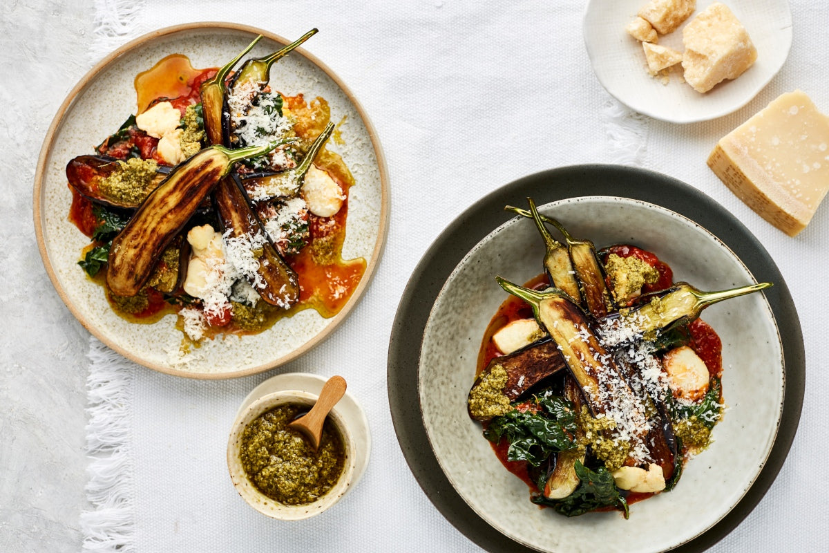 Quick Braised Eggplant with Bocconcini, Cherry Tomato Sauce and Basil Pesto