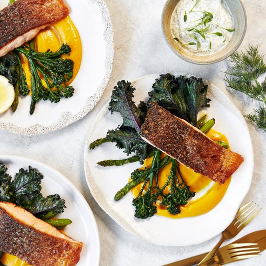 Crispy Skin Salmon - with Pumpkin Puree & Roasted Greens
