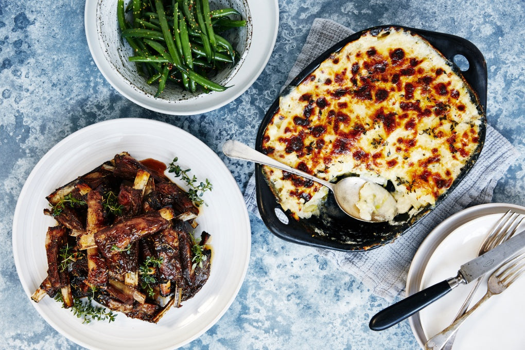 Molasses Glazed Lamb Riblets - with Potato Cauliflower Gratin & Green Beans