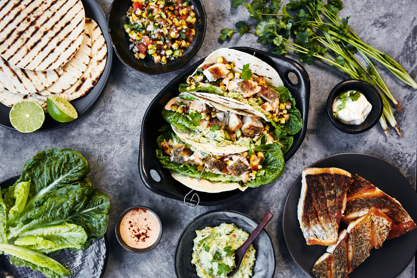 Barramundi Fajitas - with Corn Salsa, Guacamole & Chipotle Mayo
