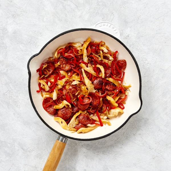 Ricciarelle Pasta with Chorizo, Mushrooms and Olives