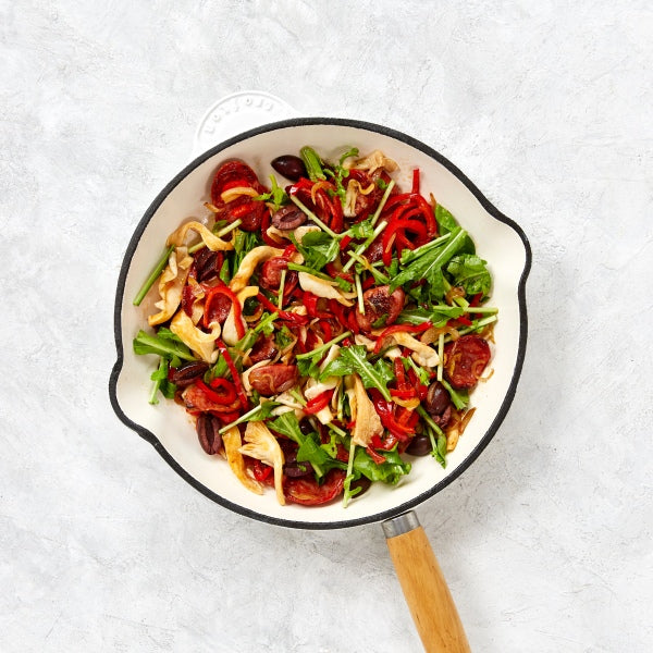 Ricciarelle Pasta with Chorizo, Mushrooms and Olives