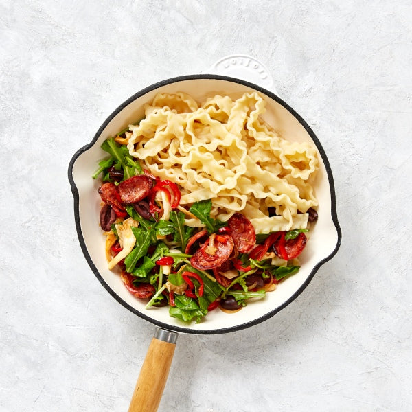 Ricciarelle Pasta with Chorizo, Mushrooms and Olives
