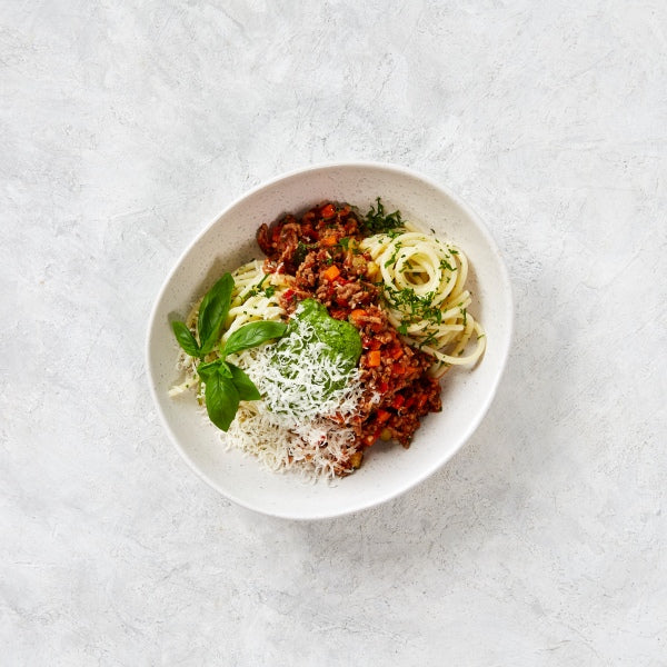 Spaghetti Bolognese with Vegies and Basil Pesto