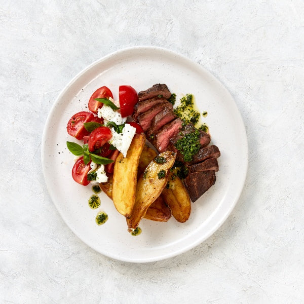 Pillow Steak with Caprese Salad, Kipfler Potatoes and Salmoriglio