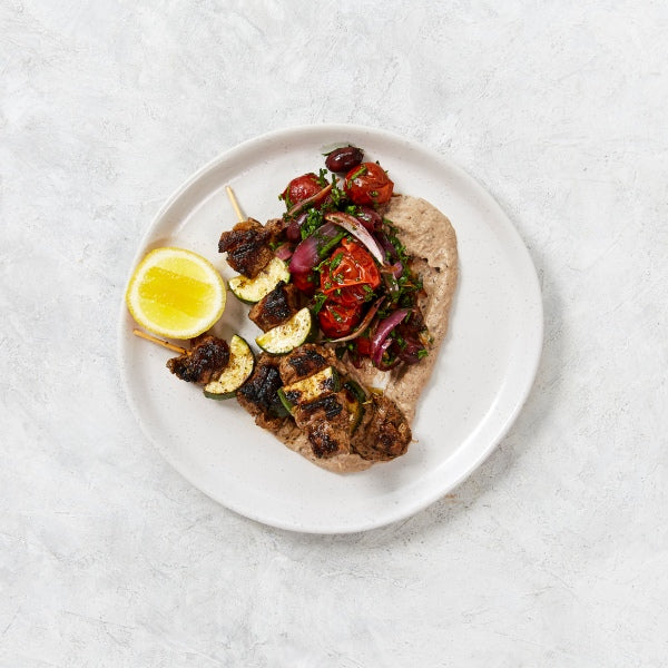 Lamb Souvlaki with Greek Style Salad and Eggplant Puree