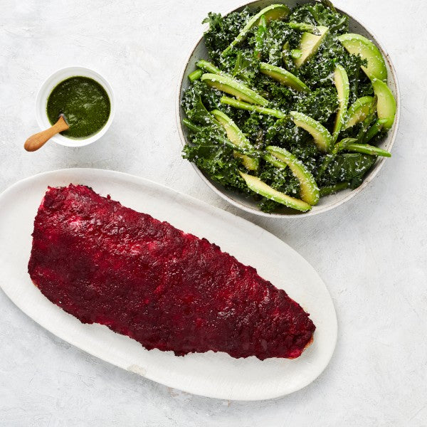 Easter Beetroot Coated Salmon with Herb Dressing and Kale Avocado Salad