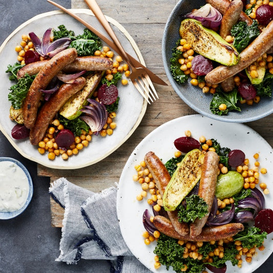 Lamb Bangers with Roasted Zucchini, Beetroot, Chickpeas and Tzatziki