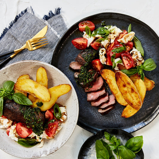 Pillow Steak with Caprese Salad, Kipfler Potatoes and Salmoriglio