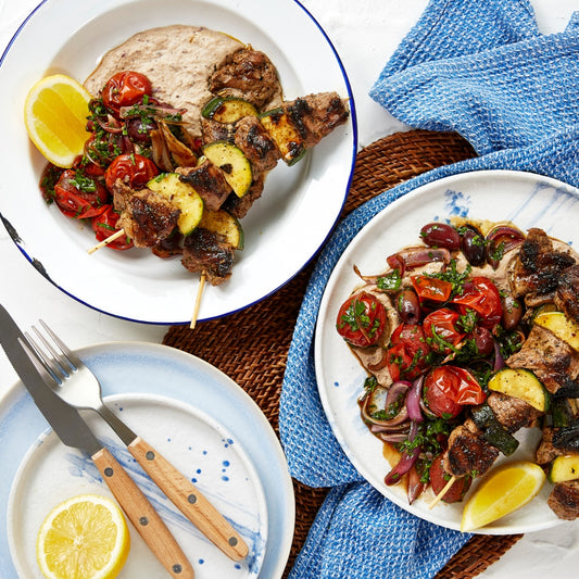 Lamb Souvlaki with Greek Style Salad and Eggplant Puree