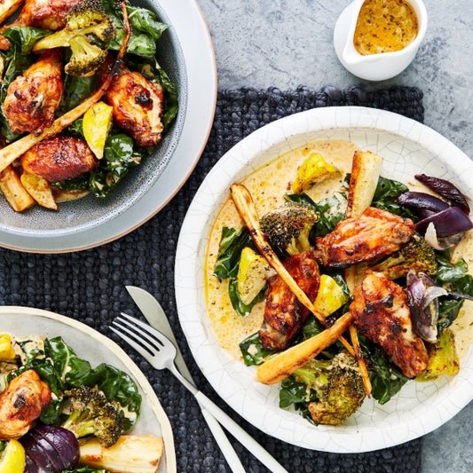 One Pan Roast with Sriracha Wings and Roast Vegies