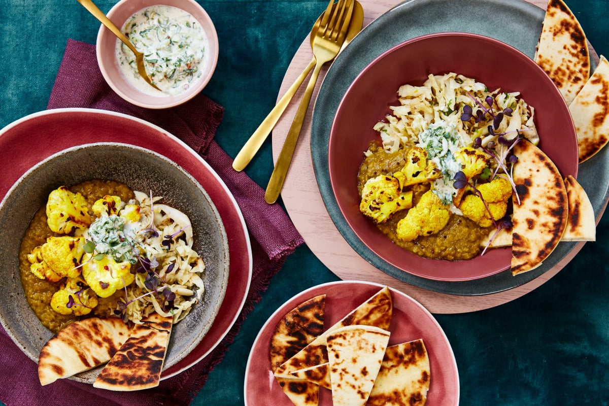 Dahl with Roasted Cauliflower, Saute'ed Cabbage and Spicy Raita