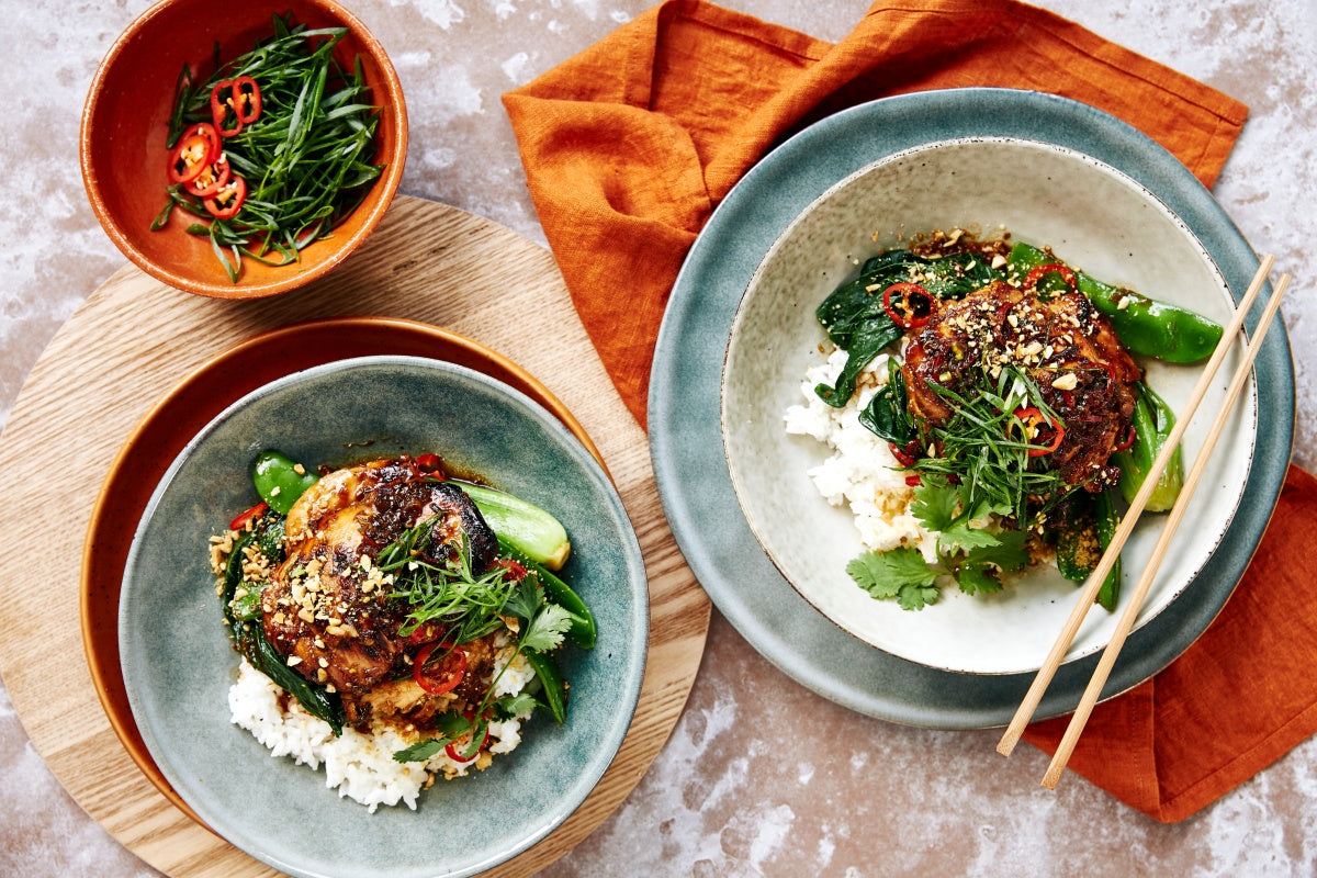Sticky Lemon Ginger Chicken with Rice and Asian Greens