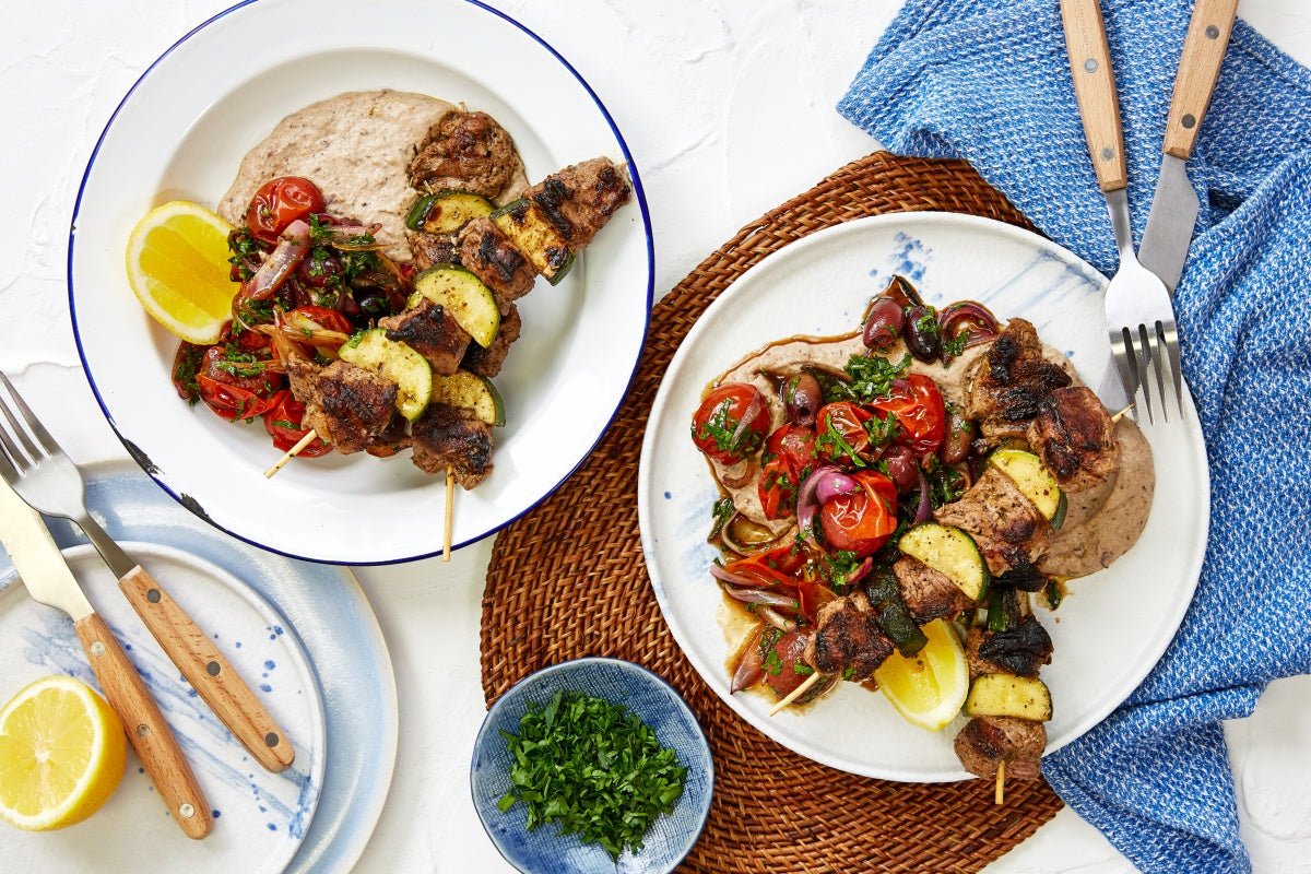Lamb Souvlaki with Greek Style Salad and Eggplant Puree
