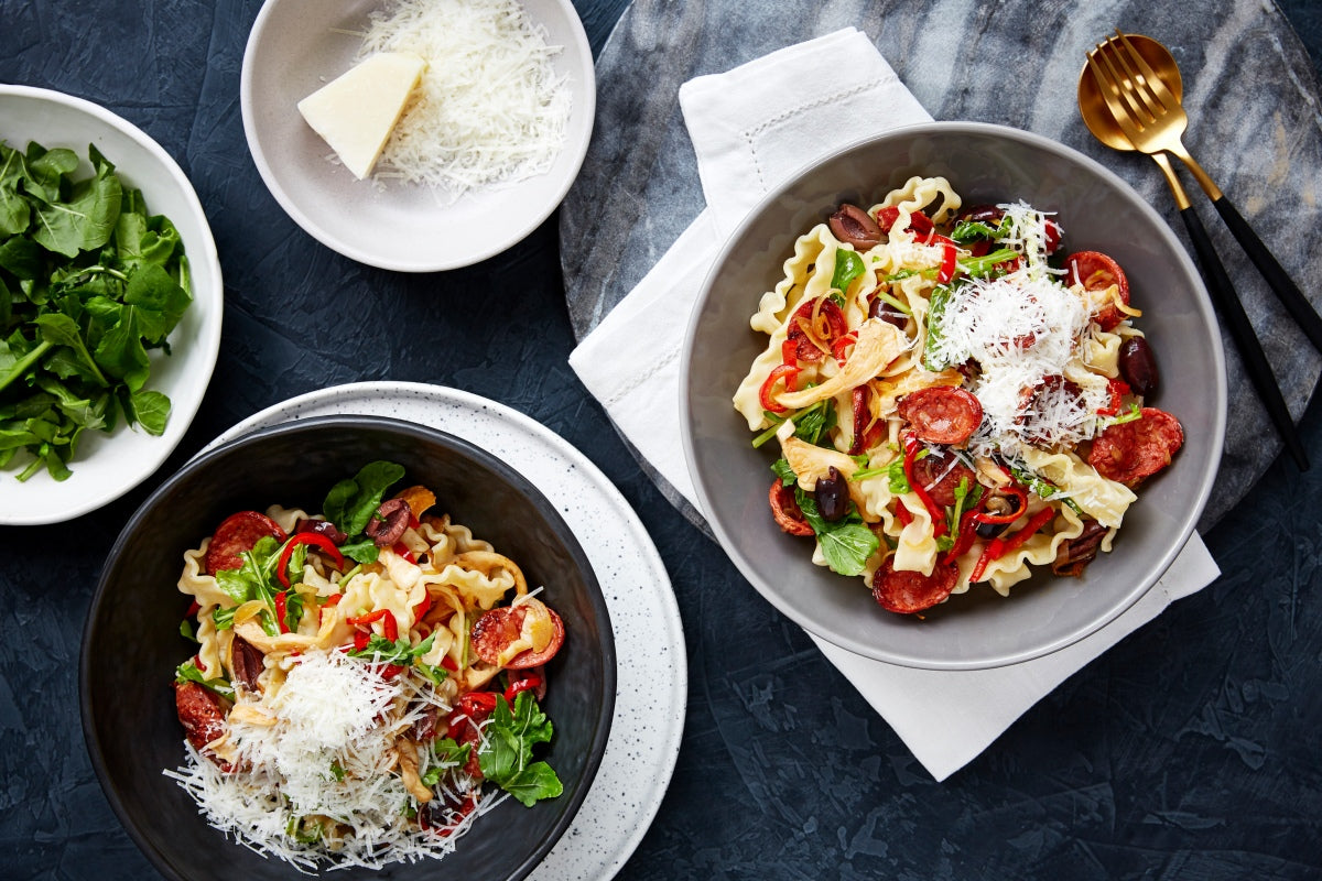 Ricciarelle Pasta with Chorizo, Mushrooms and Olives
