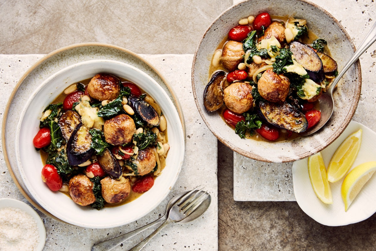 Italian Meatballs with Bocconcini, Cannellini Beans and Tuscan Cabbage