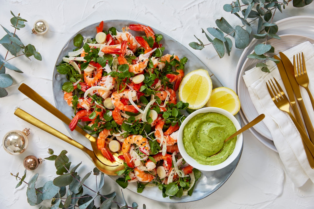 Fresh Tiger Prawns with Radish, Palm Heart Salad and Avocado Horseradish Dip