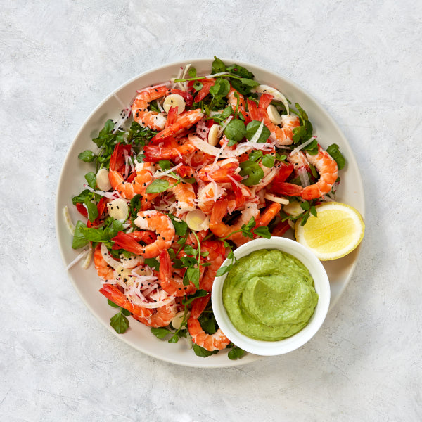 Fresh Tiger Prawns with Radish, Palm Heart Salad and Avocado Horseradish Dip