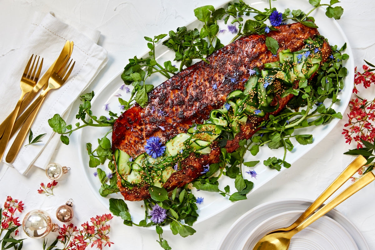 Honey and Tamari Baked Salmon with Pickled Cucumber