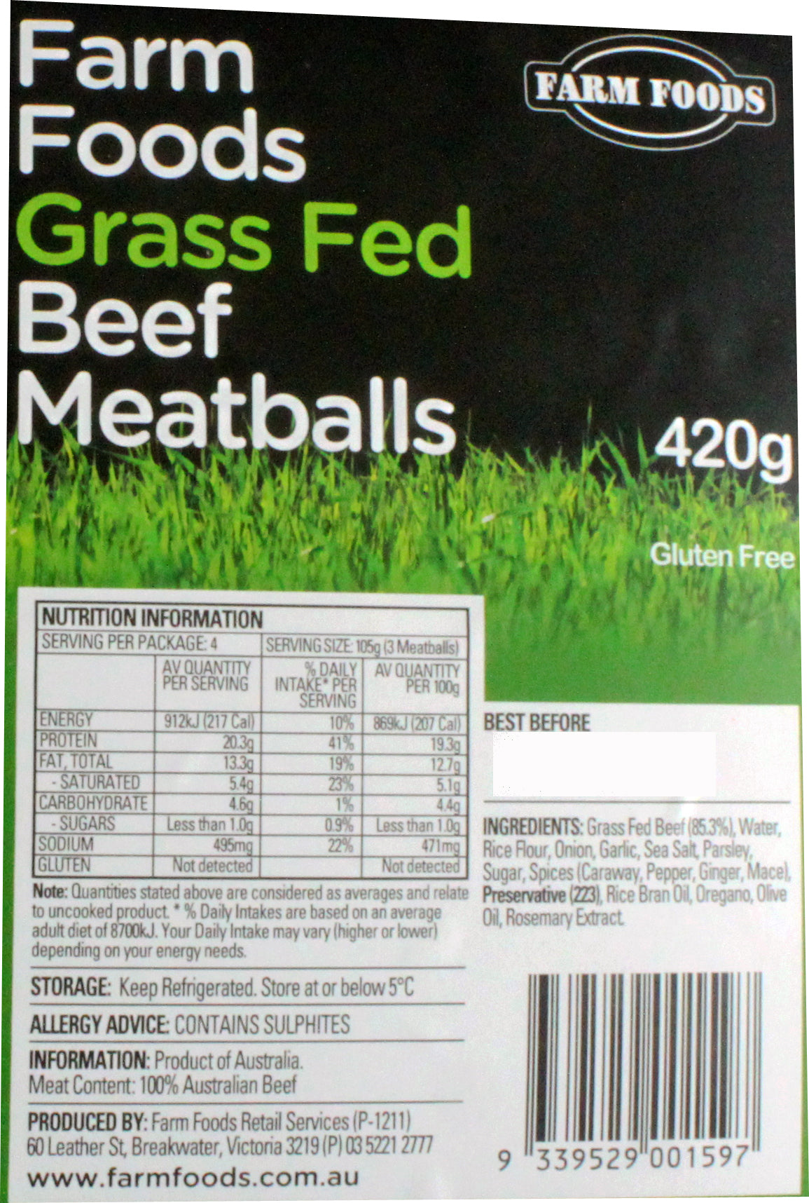 Beef - Meatballs Grass Fed (12 Meatballs, 420g) Farm Foods