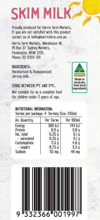 Harris Farm - Milk Pure Pastures Jersey - Skim (1L)