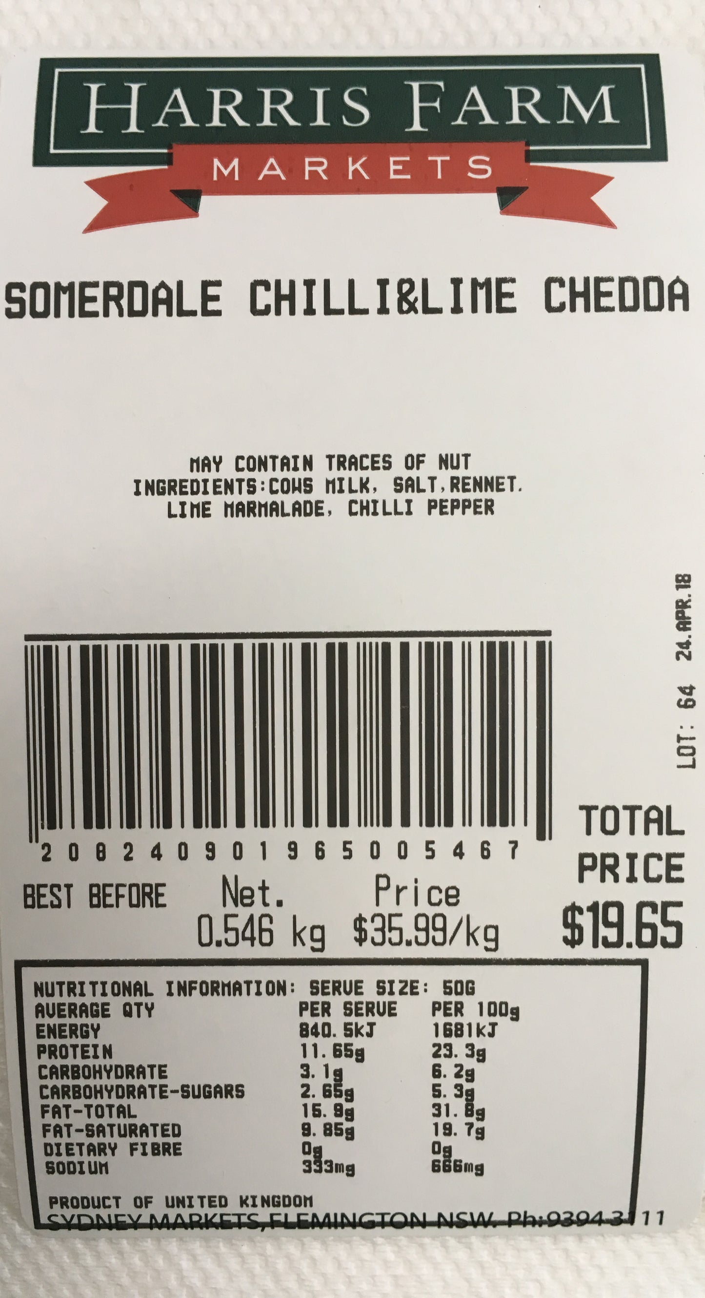 Somerdale Chilli and Lime Cheddar Cheese 190-230g | Harris Farm Markets Online