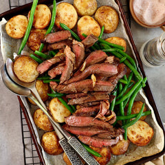 Organic Rump Steak with Roasted Potatoes Beans and Garlic Butter
