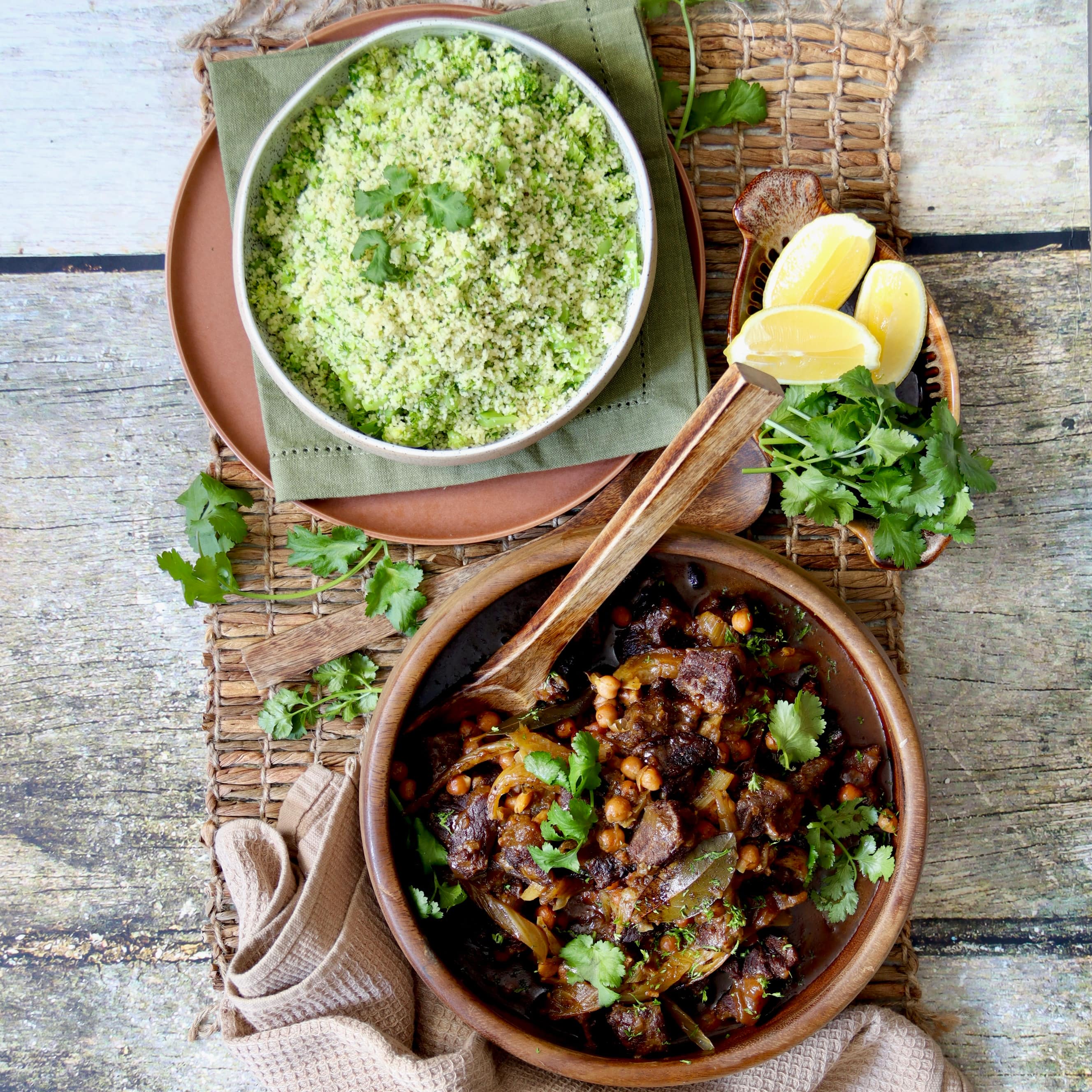 Middle Eastern Braised Beef Cheeks with Broccoli and Lemon Couscous